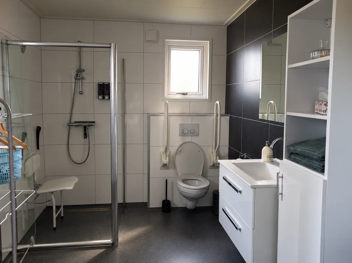 Ruime badkamer met inloopdouche, opklapbare douchestoel, toilet met opklapbare steunbeugels aan beide zijden en wastafel