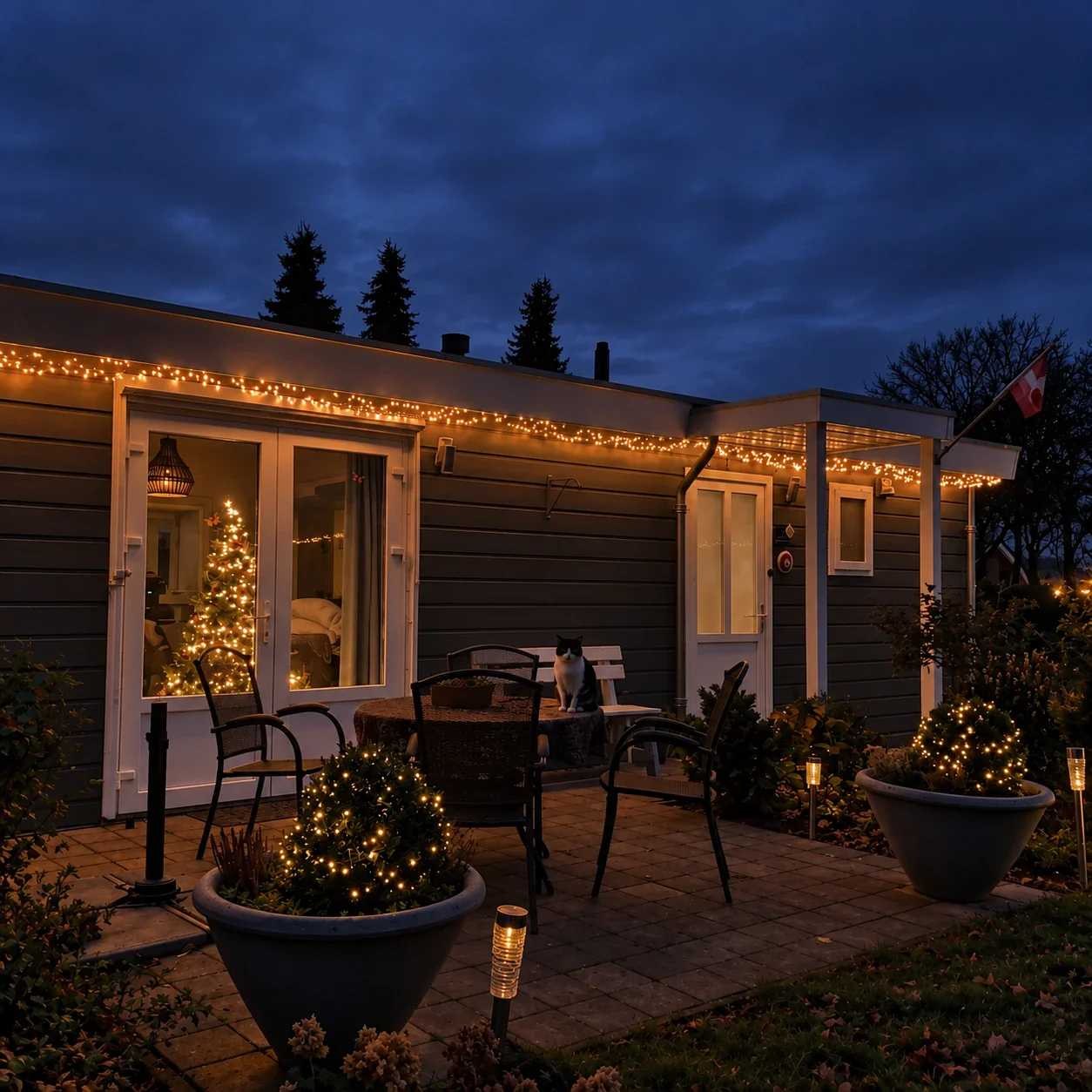 Het chalet in de kerstperiode, met kerstverlichting langs de dakrand en een verlichte kerstboom achter het raam